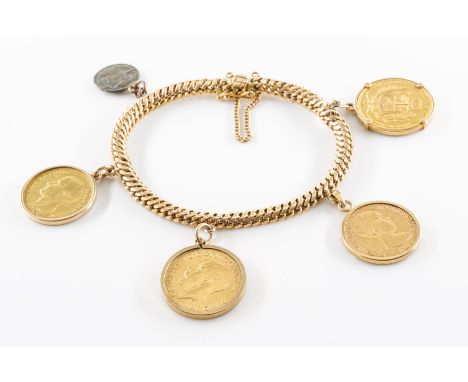 A GOLD BRACELET MOUNTED WITH FIVE COINSThe multiple link bracelet fitted to a snap clasp, detailed 18 K, with a safety chain,