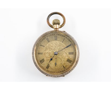 A LADY'S GOLD CASED, KEYLESS WIND OPENFACED FOB WATCHWith an unsigned gilt jewelled cylinder movement, gilt base metal inner 