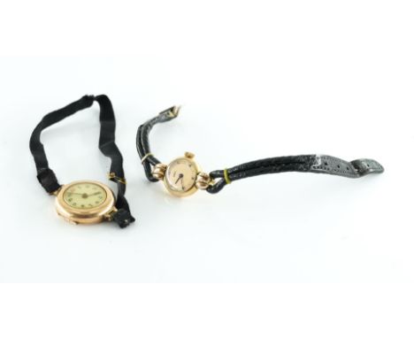 TWO LADY'S MANUAL WIND WRISTWATCHES (2)Comprising, a 9ct gold wristwatch, white dial with Arabic numerals, fitted on a black 