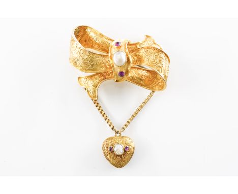 A VICTORIAN RUBY AND PEARL BROOCH WITH LOCKETThe brooch in the form of a bow, with ornate engraving, set with a baroque pearl