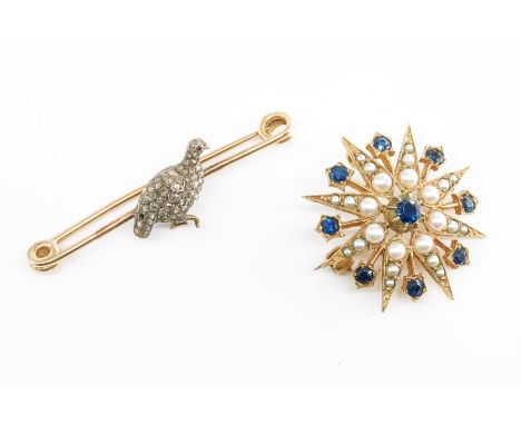 A DIAMOND SET BIRD BROOCH AND A PEARL AND SAPPHIRE CRESCENT BROOCH/PENDANT (2)Featuring a rose cut diamond set partridge with