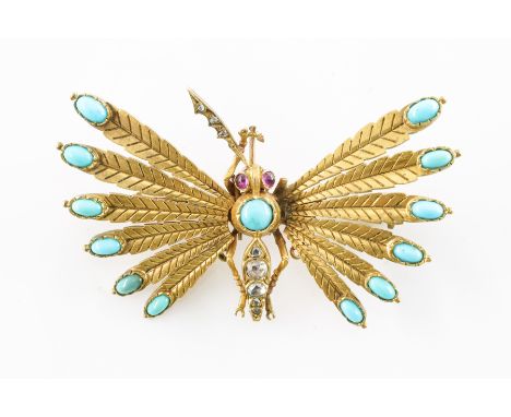 AN EARLY 20TH CENTURY DIAMOND, RUBY AND TURQUOISE BUTTERFLY BROOCHFeaturing a rose cut diamond set body and antenna, ruby cab