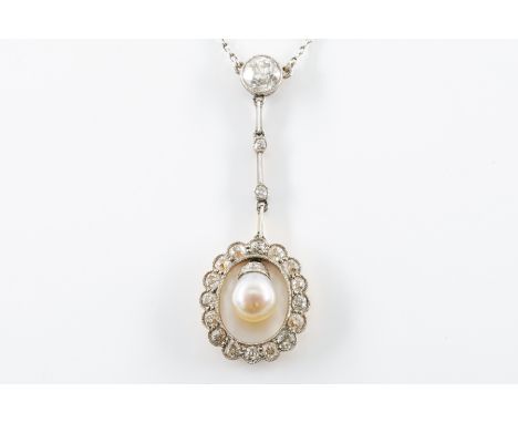 A BELLE EPOQUE NATURAL PEARL AND DIAMOND DROP PENDANTComprising; an old European cut diamond to the top (weight 0.91 carats) 