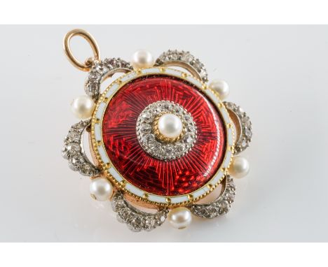 AN EARLY 20TH CENTURY DIAMOND, PEARL AND ENAMEL PENDANT/LOCKETSet with seven seed pearls, graduated old mine cut diamonds and