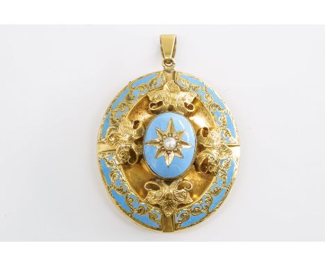 A VICTORIAN PEARL AND ENAMEL PENDANT LOCKETPale blue enamel in an ornate design, one central seed pearl in a star burst motif