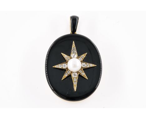 A VICTORIAN DIAMOND AND BLACK ONYX OVAL PENDANT LOCKETThe central motif of a star, with a pearl to the center (measuring 9.45