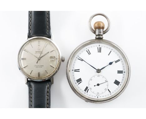 AN OMEGA GENTLEMAN'S WRISTWATCH AND A SILVER POCKET WATCH (2)The steel cased Omega Automatic Seamaster De Ville wristwatch wi