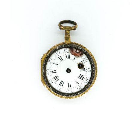 A CONTINENTAL GOLD PLATED OPENFACED KEY WIND POCKET WATCHCirca 1800, the damaged white enamel dial with Roman numerals, case 