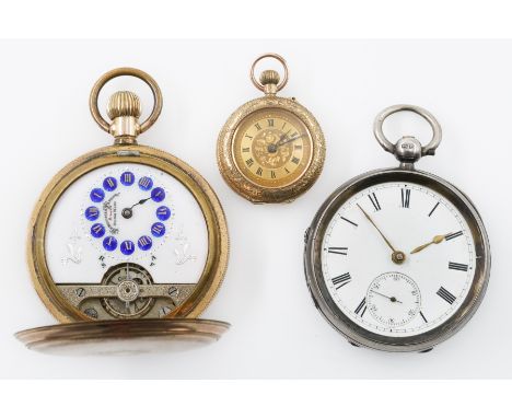 TWO POCKET WATCHES AND A FOB WATCH (3)Comprising; a gentleman's gilt metal cased, keyless wind hunting cased pocket watch, th