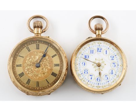 TWO GOLD CASED LADY'S FOB WATCHES (2)Comprising; a lady's gold cased, keyless wind, openfaced fob watch, the gilt dial with R