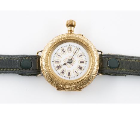 A LADY'S GOLD CASED AND ENAMELLED WRISTWATCHWith an unsigned cylinder movement, base metal inner case, the decorated enamelle