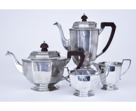 An Elizabeth II Silver Octagonal Four-Piece Tea and Coffee Service by Mappin &amp; Webb, Sheffield, 1960, with reeded mounts,