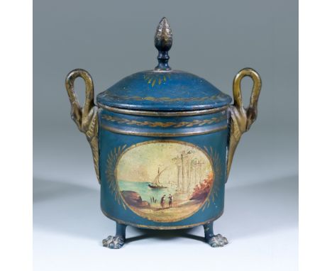 A Dutch Blue Painted Brass Tea Caddy, 19th Century, with painted landscapes and stylised swan handles, the cover with acorn f