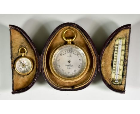 A Compensated Pocket Barometer, Mercury Thermometer and Compass Set, Late 19th Century, by Army and Navy, London, the baromet