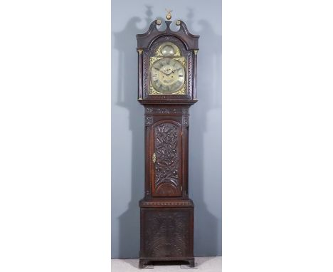 A Late 18th Century Oak Longcase Clock, by Grindall of Dumfries, 14.5ins arched brass dial with Roman and Arabic numerals, su