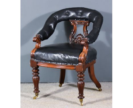 A William IV Mahogany Tub Shaped Library Armchair with Scroll Moulded Splats, seat and crest rail upholstered in black leathe