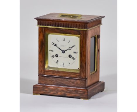 A 19th Century Rosewood Mantel Clock retailed by J.T .Bell, 151 Mount Street, Berkeley Square, the 3.5 ins cream painted meta