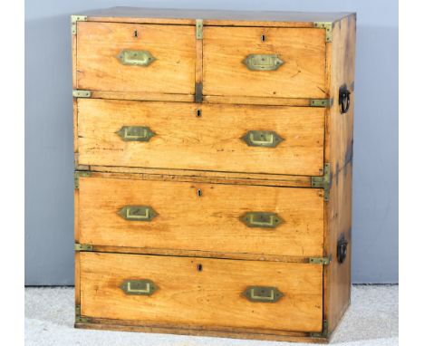 A 19th Century Teak and Brass Bound Military Chest in Two Sections, fitted two short and three long drawers with brass recess