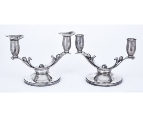 A Pair of Danish Two Branch Candelabra, by Evald Nielsen, stamped 925, of double scroll form cast with buds terminating in sc