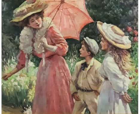 20th Century School - Oil painting - Half length portrait of a woman holding a pink parasol talking to a young boy and girl i