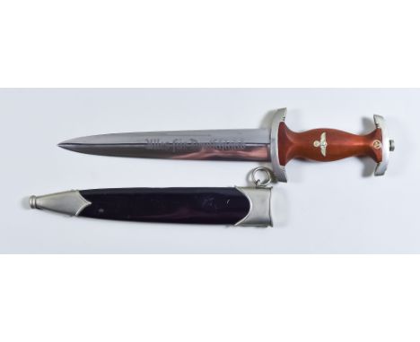 A German World War II NSKK Dagger, by Friedr.AUG.Schmitz, bright steel double edge blade etched with "Ulles fur Deutschland",