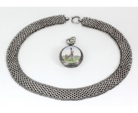 A Late Victorian Silver and Enamel Circular Sovereign Case and a Silvery Metal and Mesh Fob, the case probably by William Hen