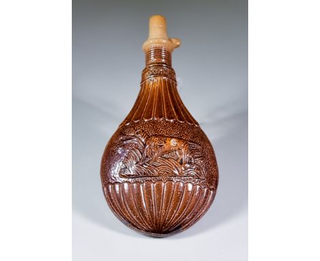 A Stephen Green Imperial Potteries, Lambeth, Brown Saltglazed Stoneware Flask of Flattened Form, 19th Century, moulded with h