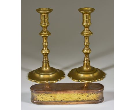 A Pair of English Seamed Brass Candlesticks, Circa 1755, 7.75ins high, and a Dutch brass and copper table snuff box, finely e