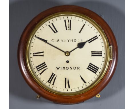 A 19th Century Mahogany Cased Dial Wall Clock by CW Seymour of Windsor, the 12ins cream painted dial with Roman numerals to t