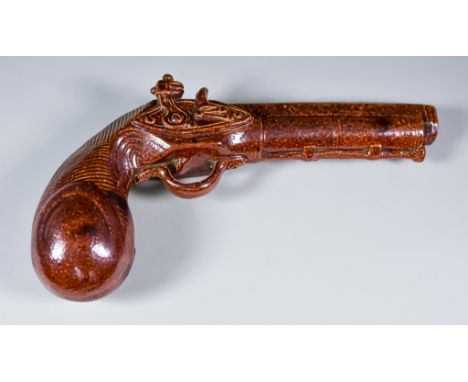 A Brown Saltglazed Pistol Pattern Spirit Flask by Stephen Green of Imperial Potteries, Lambeth, 19th Century, 9.25ins overall