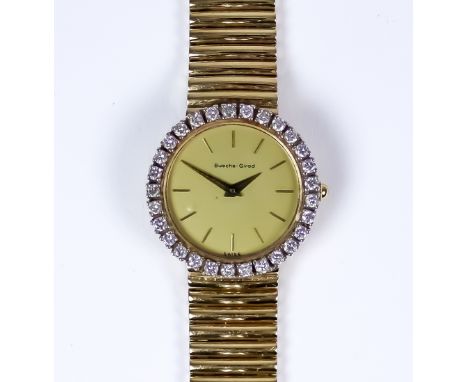 A Lady's Bueche Girod Manual Wind Wristwatch, 9ct gold with diamond bezel, 25mm diameter case, gold dial with gold baton nume