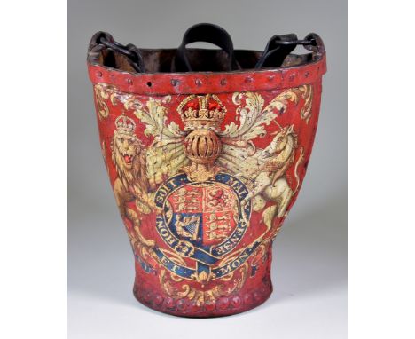 An English Leather Fire Bucket, Late 18th/Early 19th Century, decorated with the Royal Coat of Arms on a red ground, 11ins hi