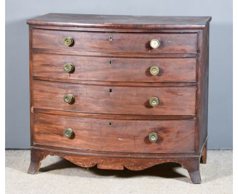 A Late George III Mahogany Bow Front Chest with Square Top Edge, fitted four long graduated drawers with brass handles with c