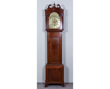 An 18th Century Oak Longcase Clock by John Clarke of Frome, the 12ins square brass dial with added arch, the chapter ring wit