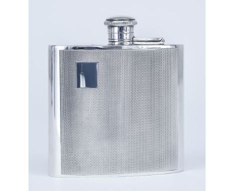 An Elizabeth II Silver Rectangular Hip Flask, by D.R. & S., Birmingham 1988, of curved form with bayonet cap and engine turne