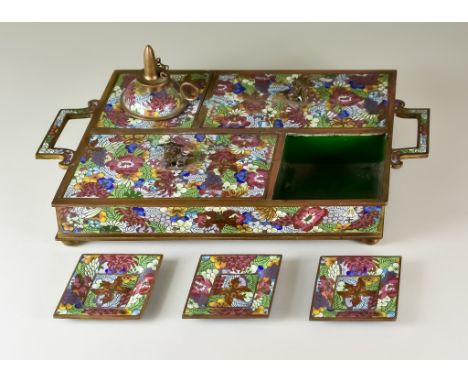 A Japanese Cloisonné Lozenge Shaped Two-Handled Desk Tray, 20th Century, with two lidded compartments, oil lamp and three sma