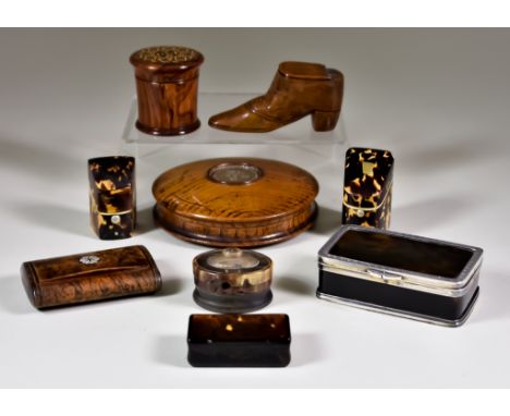 A Collection of Fifteen English Snuff Boxes, including - tortoiseshell rectangular box with plated mounts, early 19th Century