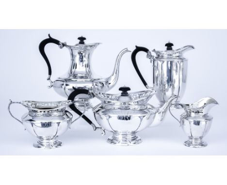 An Edward VII and a George V Harlequin Silver Five Piece Tea and Coffee Service by Martin Hall &amp; Co., Sheffield, 1907 and