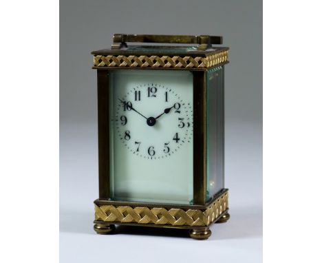 A Late 19th/Early 20th Century French Carriage Timepiece, the cream enamel dial with Arabic numerals to the eight day single 