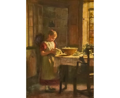 Late 19th/Early 20th Century British School - Oil painting - Portrait of young girl standing at a table, her cat looking on, 