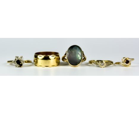 Five Gold Rings, Modern, 9ct gold, comprising - one wedding band, size Q+, one set with simulated opal, size M, three gem set