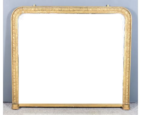 A Victorian Gilt Framed Overmantel Mirror, with oval bead moulded frame and inset with plain mirror plate, 42ins x 50ins over