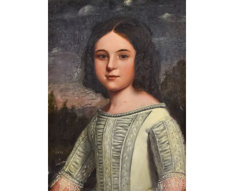 19th Century School - Oil painting - Half length portrait of a young girl wearing a white dress with lace to cuffs, canvas 16