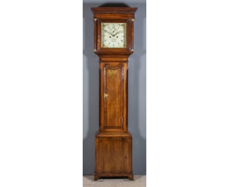 A 19th Century Oak Longcase Clock by William Hayler of Chatham, the 12ins painted metal dial with Arabic numerals and subsidi