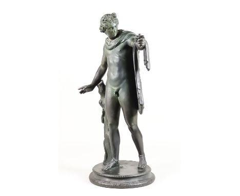 19th Century Neopolitan School, After the Antique - Green patinated bronze figure of a "The Apollo Belvedere", on circular ba