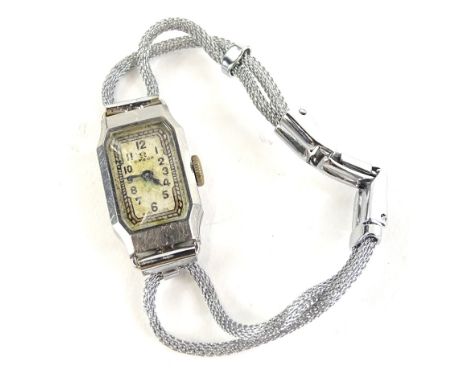 An Omega Art Deco ladies wristwatch, in stainless steel case and two row bracelet, with rectangular watch head, inscribed to 