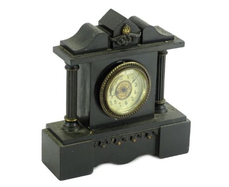A late 19thC French black slate and metal portico shaped mantel clock, the dial with Roman numerals on a plinth base, 16cm W.
