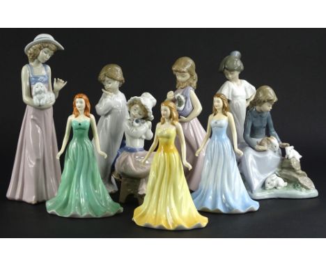 A collection of Nao ceramic figures, to include girls with puppies and three Royal Doulton figurines. (9)