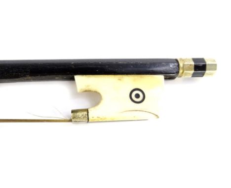 A continental ebonised violin bow, with carved ivory frog (AF), 70cm L.