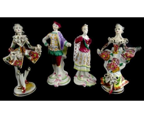 A pair of Spode porcelain "Chelsea" figurines, each on a rococo scroll base, 22cm H, and two further figurines. (4)